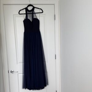 Elegant Navy Blue Halter Mesh Prom Dress